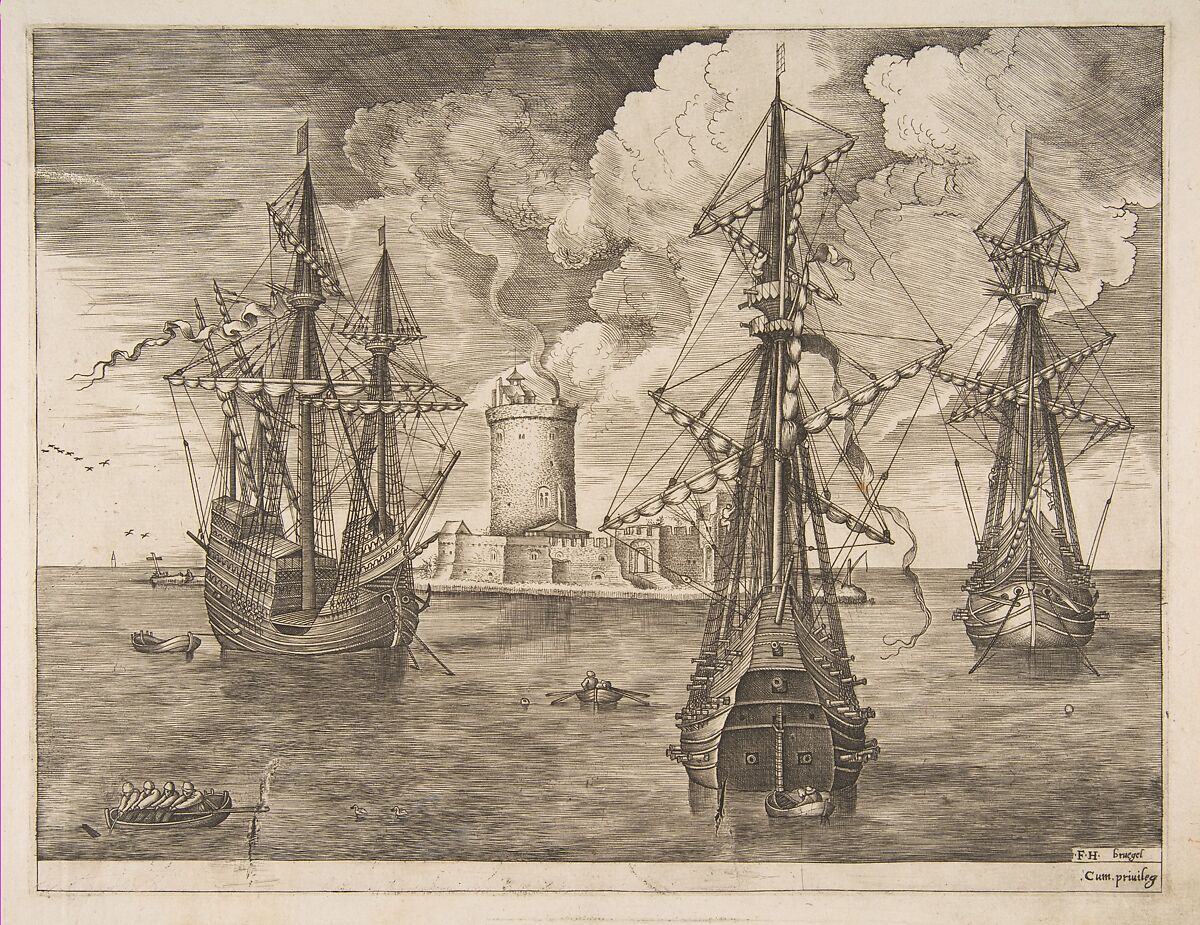 Four-Master (Left) and Two Three-Masters Anchored near a Fortified Island with a Lighthouse from The Sailing Vessels, After Pieter Bruegel the Elder (Netherlandish, Breda (?) ca. 1525–1569 Brussels), Engraving; first state of three 