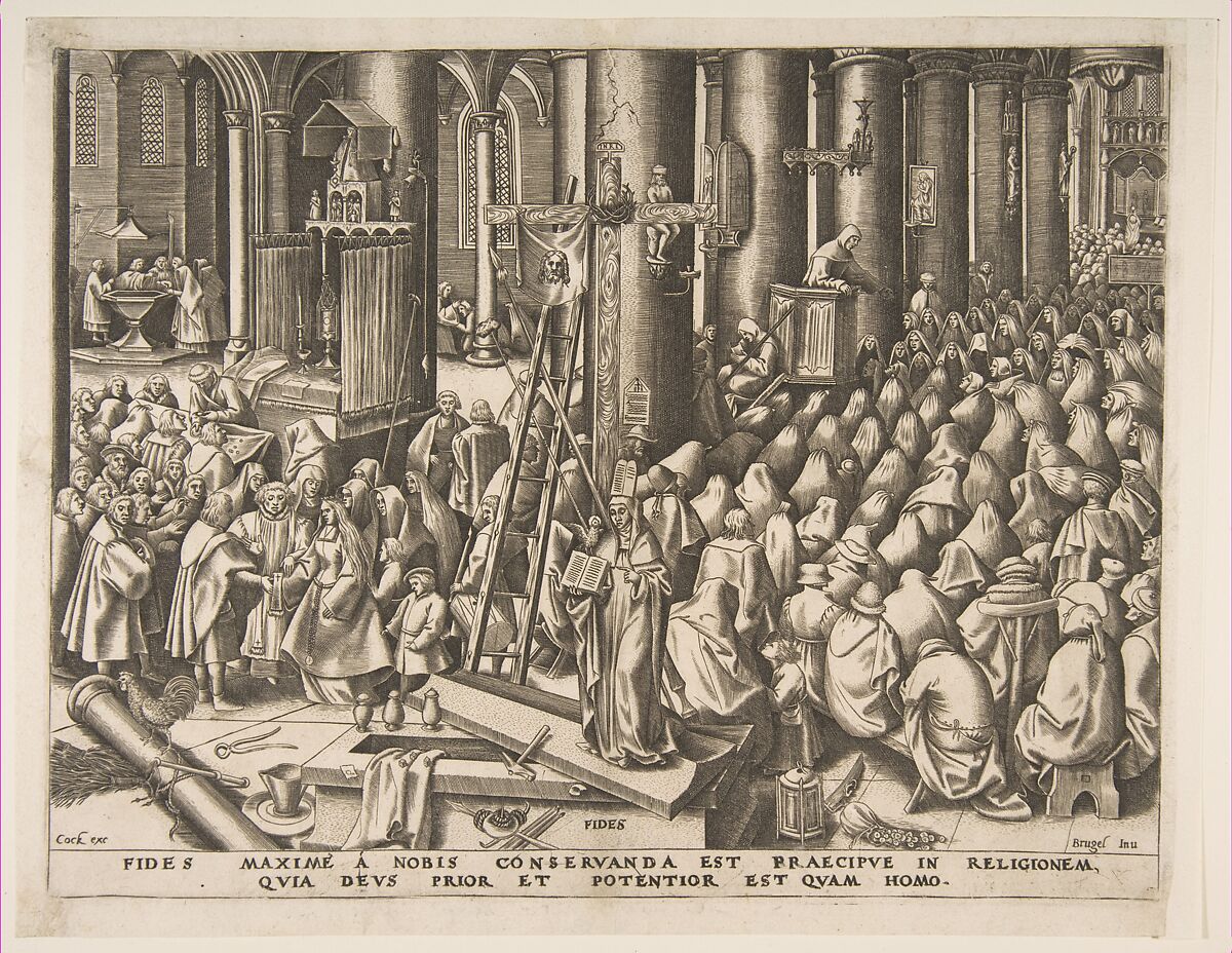 Faith (Fides) from the series The Virtues, Pieter Bruegel the Elder (Netherlandish, Breda (?) ca. 1525–1569 Brussels), Engraving; first state of two 