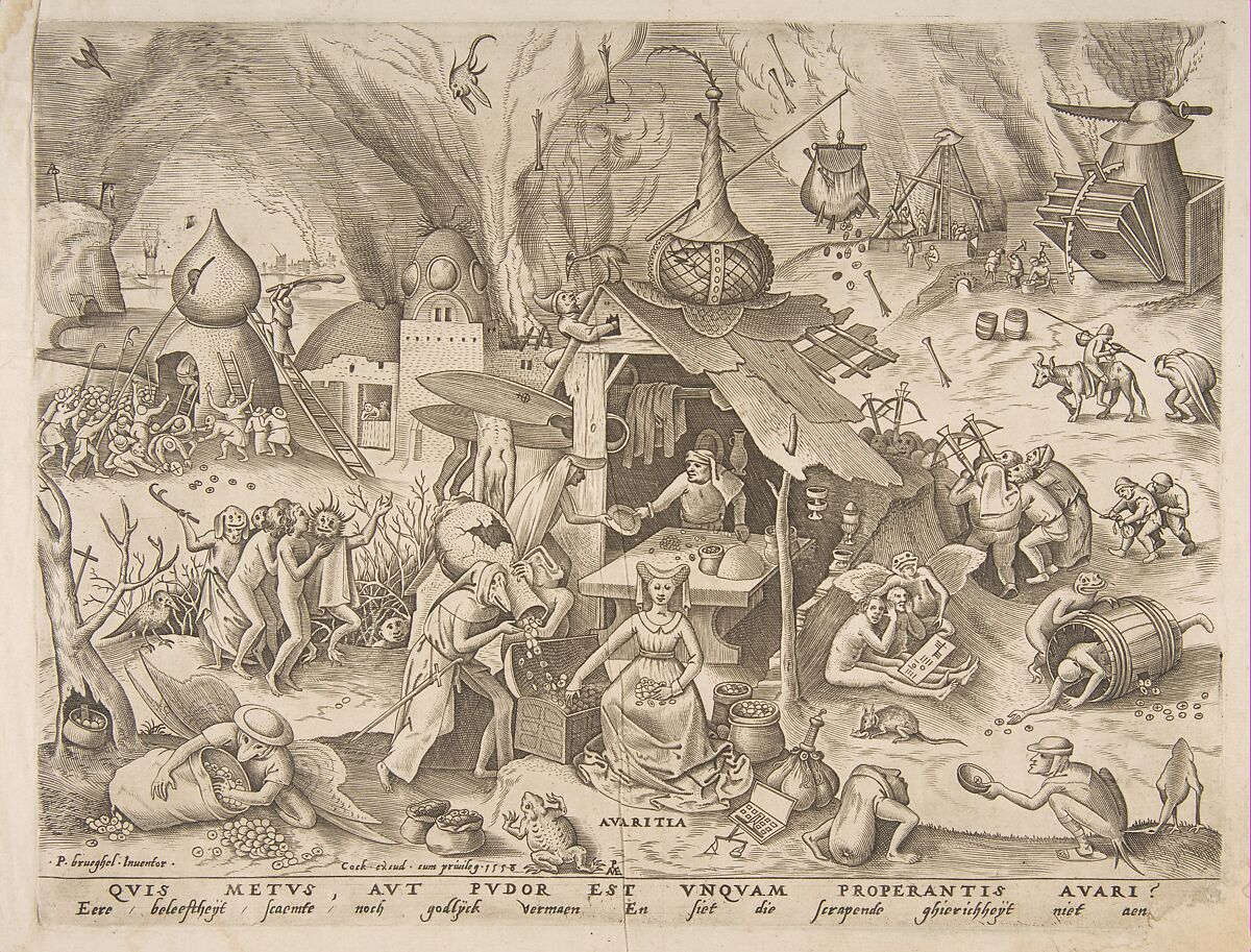 Avarice (Avaritia) from The Seven Deadly Sins, After Pieter Bruegel the Elder (Netherlandish, Breda (?) ca. 1525–1569 Brussels), Engraving; first state of two 