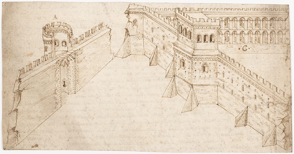 Recto: "Libro Primo, Chapo Quarto..." (Vitruvius, Book 1, Chapter 4); Verso: The Fortification of City Walls (Vitruvius, Book 1, Chapter 5)., Attributed to a member of the Sangallo family (Florence, ca. 1530–1545), Pen and dark brown ink 