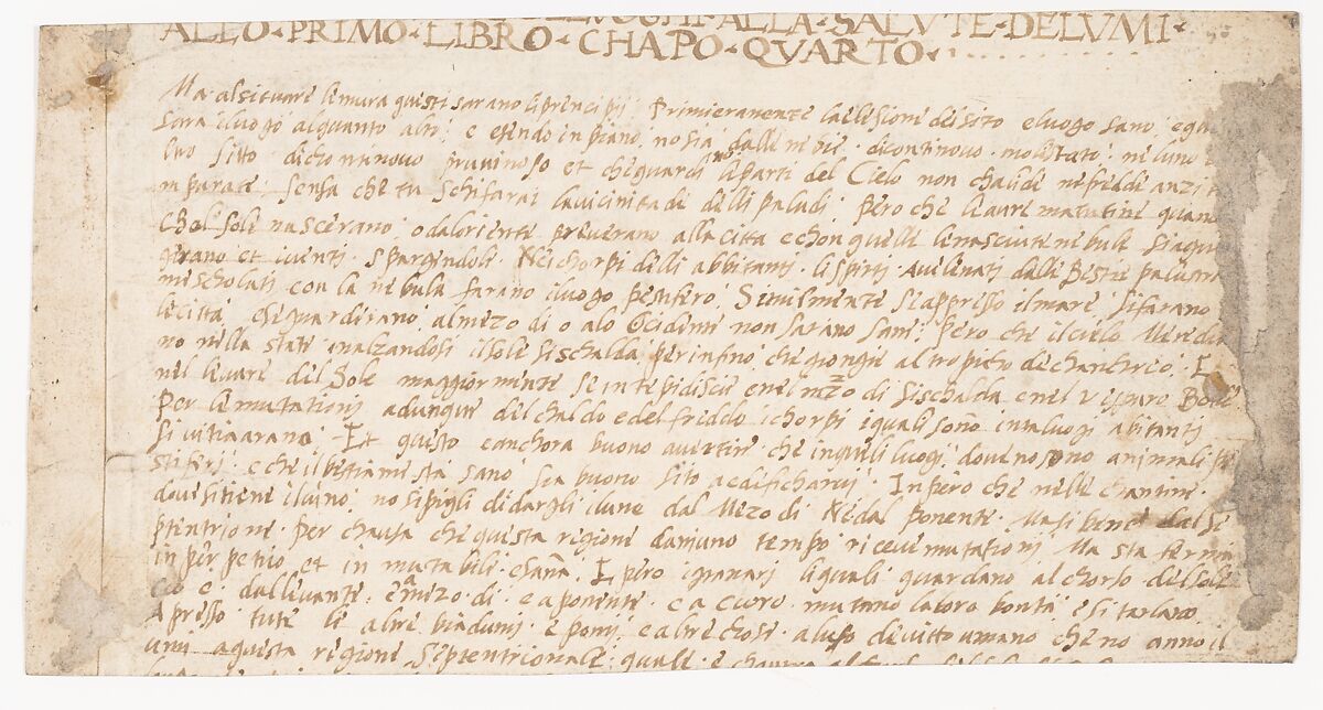 Recto: "Libro Primo, Chapo Quarto..." (Vitruvius, Book 1, Chapter 4); Verso: The Fortification of City Walls (Vitruvius, Book 1, Chapter 5)., Attributed to a member of the Sangallo family (Florence, ca. 1530–1545), Pen and dark brown ink
