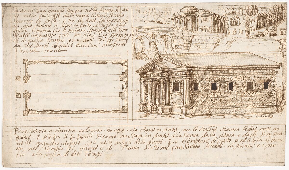 Recto: Temple Types: in Antis and Prostyle (Vitruvius, Book 3, Chapter 2, nos. 2, 3); Verso: Temple Types: Peripteral (Vitruvius, Book 3, Chapter 2, no. 5)., Attributed to a member of the Sangallo family (Florence, ca. 1530–1545), Pen and dark brown ink 