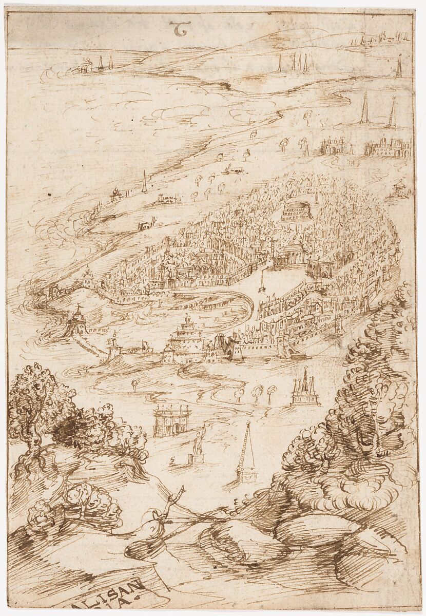 Recto: The Port City of Alexandria (? Allusion to Dinocrates's Building of Alexandria, Vitruvius, Book 2, introduction, no. 1); Verso: Fragmentary Writing ("Libro Primo...")., Attributed to a member of the Sangallo family (Florence, ca. 1530–1545), Pen and dark brown ink 