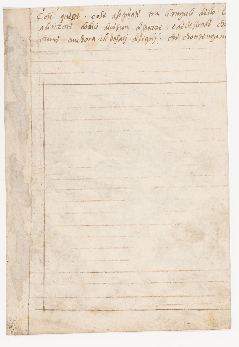 Recto: The Port City of Alexandria (? Allusion to Dinocrates's Building of Alexandria, Vitruvius, Book 2, introduction, no. 1); Verso: Fragmentary Writing ("Libro Primo...")., Attributed to a member of the Sangallo family (Florence, ca. 1530–1545), Pen and dark brown ink