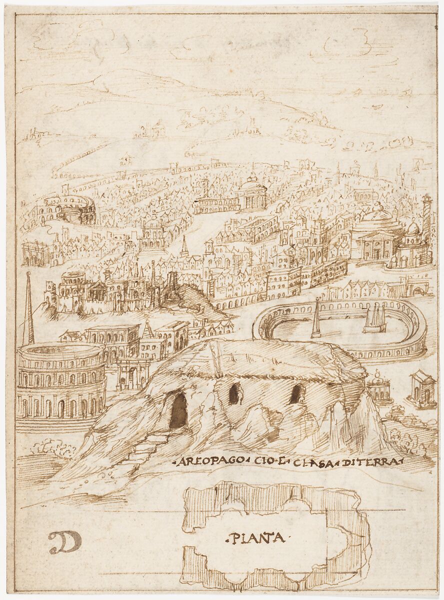 Recto: The Houses of the Barbarians (Vitruvius, Book 2, Chapter 1, nos. 3, 4); Verso: The Aeropagus in Athens with Cave Houses (Vitruvius, Book 2, Chapter 1, no. 5)., Attributed to a member of the Sangallo family (Florence, ca. 1530–1545), Pen and dark brown ink 