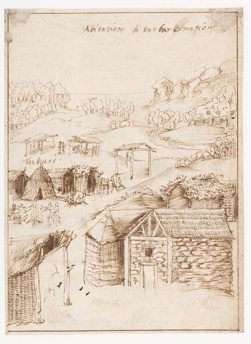 Recto: The Houses of the Barbarians (Vitruvius, Book 2, Chapter 1, nos. 3, 4); Verso: The Aeropagus in Athens with Cave Houses (Vitruvius, Book 2, Chapter 1, no. 5)., Attributed to a member of the Sangallo family (Florence, ca. 1530–1545), Pen and dark brown ink