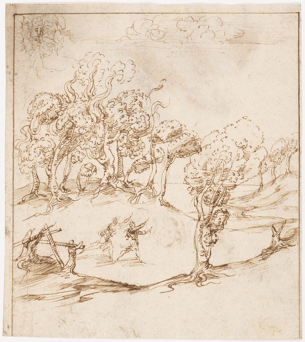 Recto: Landscape with Trees and Figures (? Remarks on the  Winds and the Lay-out of the City; Vitruvius, Book 1, Chapter 6, nos. 2, 3): Verso: Blank., Attributed to a member of the Sangallo family (Florence, ca. 1530–1545), Pen and dark brown ink 