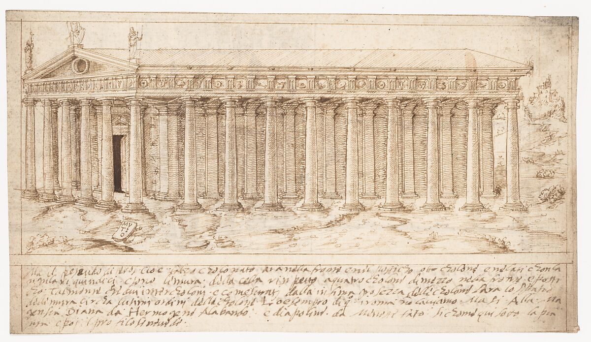Recto: Temple Types: Amphiprostyle (Vitruvius, Book 3, Chapter 2, no. 4); Verso: Temple Types: Pseudodipteral (Vitruvius, Book 3, Chapter 2, no. 6)., Attributed to a member of the Sangallo family (Florence, ca. 1530–1545), Pen and dark brown ink