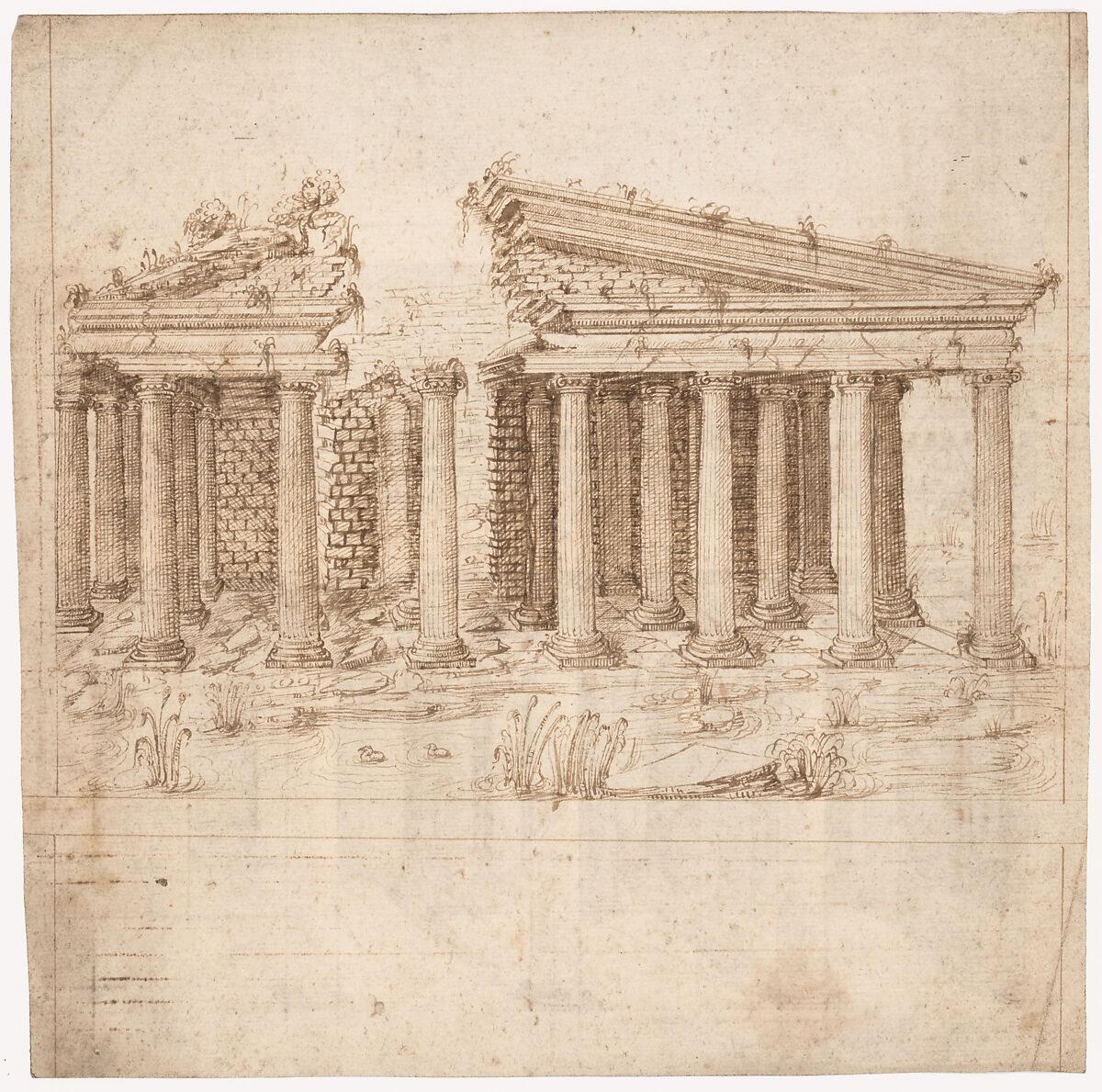 Recto: Front Elevation of a Roman Temple in Ruins (inspired by Giuliano da Sangallo); Verso: Elevation of the Nave of a Roman Basilica in Ruins (? the Basilica Giulia, inspired by Giuliano da Sangallo)., Attributed to a member of the Sangallo family (Florence, ca. 1530–1545), Pen and dark brown ink 