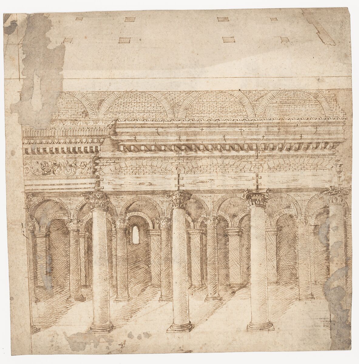 Recto: Front Elevation of a Roman Temple in Ruins (inspired by Giuliano da Sangallo); Verso: Elevation of the Nave of a Roman Basilica in Ruins (? the Basilica Giulia, inspired by Giuliano da Sangallo)., Attributed to a member of the Sangallo family (Florence, ca. 1530–1545), Pen and dark brown ink