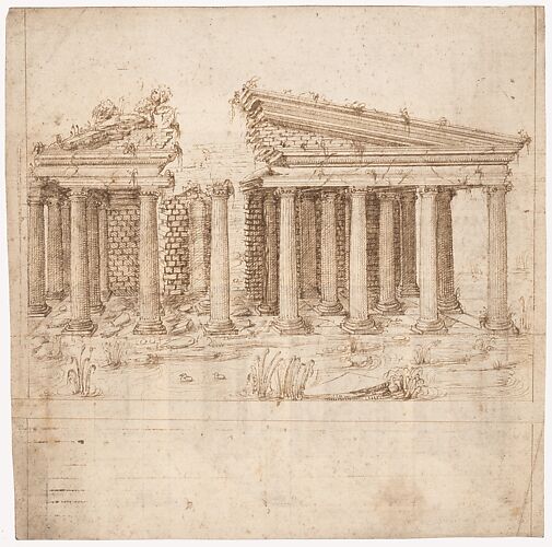 Recto: Front Elevation of a Roman Temple in Ruins (inspired by Giuliano da Sangallo); Verso: Elevation of the Nave of a Roman Basilica in Ruins (? the Basilica Giulia, inspired by Giuliano da Sangallo).