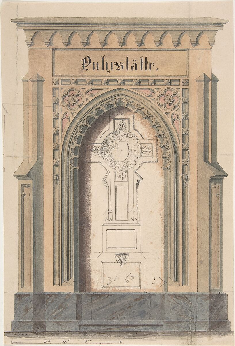 Design for gothic archway and cross, Anonymous, German, 19th century, Pen and black ink, brush and gray and brown wash, graphite. 