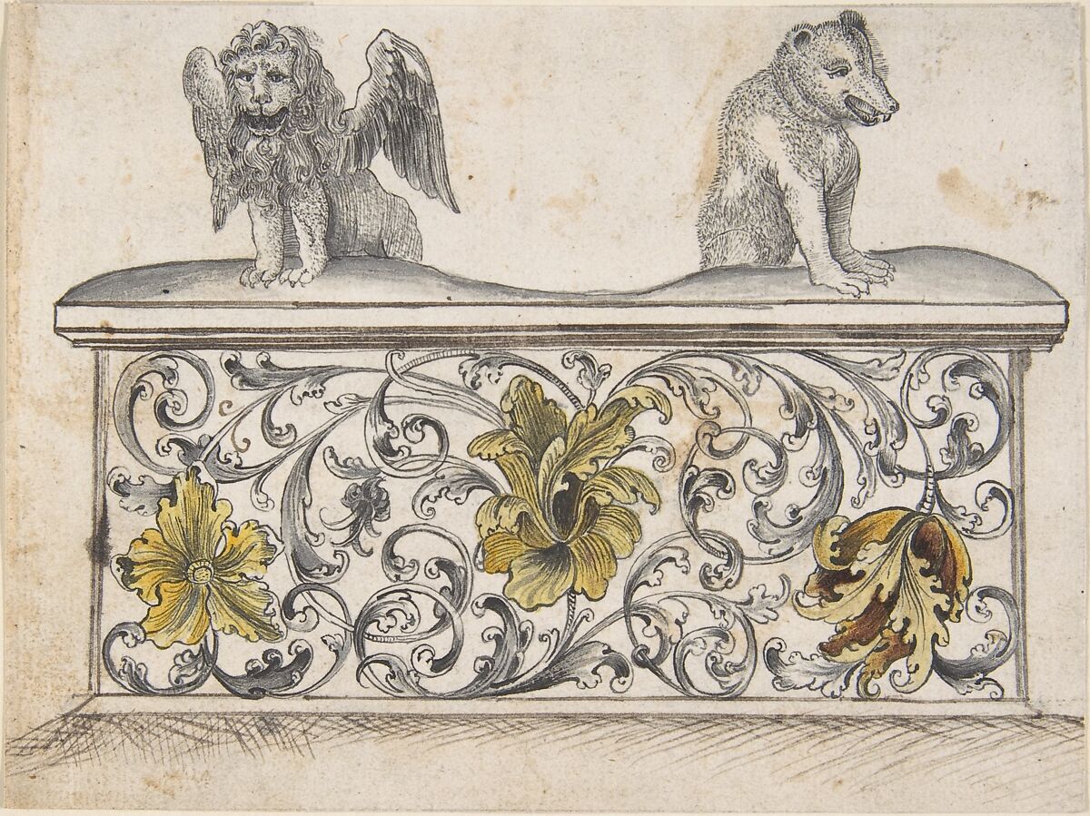 Ornamental design for front of a chest with winged lion and bear, Anonymous, French, 19th century (?), Pen and black, brown, and gray ink with watercolor. 