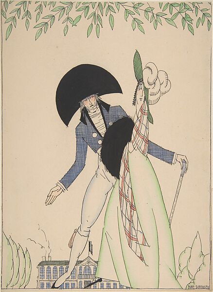 Costume design for early 19th century French lieutenant and lady, Paul Boye-Sørensen (Danish, active Paris and New York, ca. 1920–30), Pen and black ink, watercolor, black ink framing lines with traces of graphite 