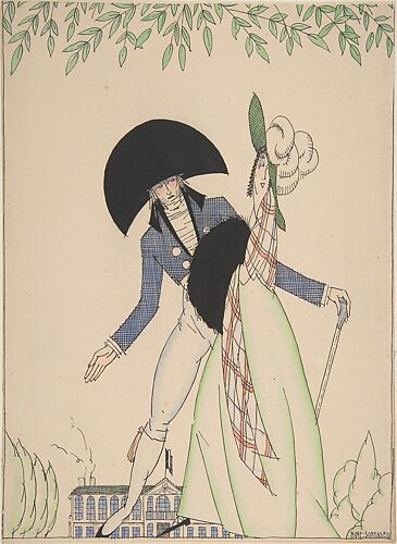 Costume design for early 19th century French lieutenant and lady