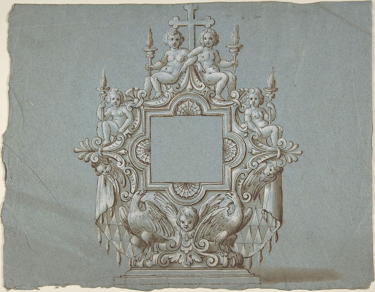 Ornamental design for liturgical object, Anonymous, 18th century, Pen and brown ink, brush and brown wash, heightened with white gouache.  On blue paper with uneven edges 