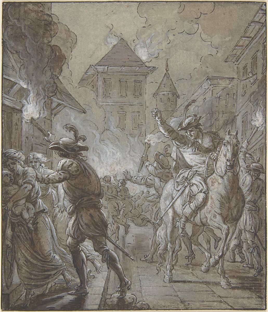 Soldiers pillaging a town, Attributed to Anonymous, 17th century, Pen and black and brown ink, brush and brown wash, heightened with white, on laid paper prepared with gray wash; framing lines in pen and black ink 