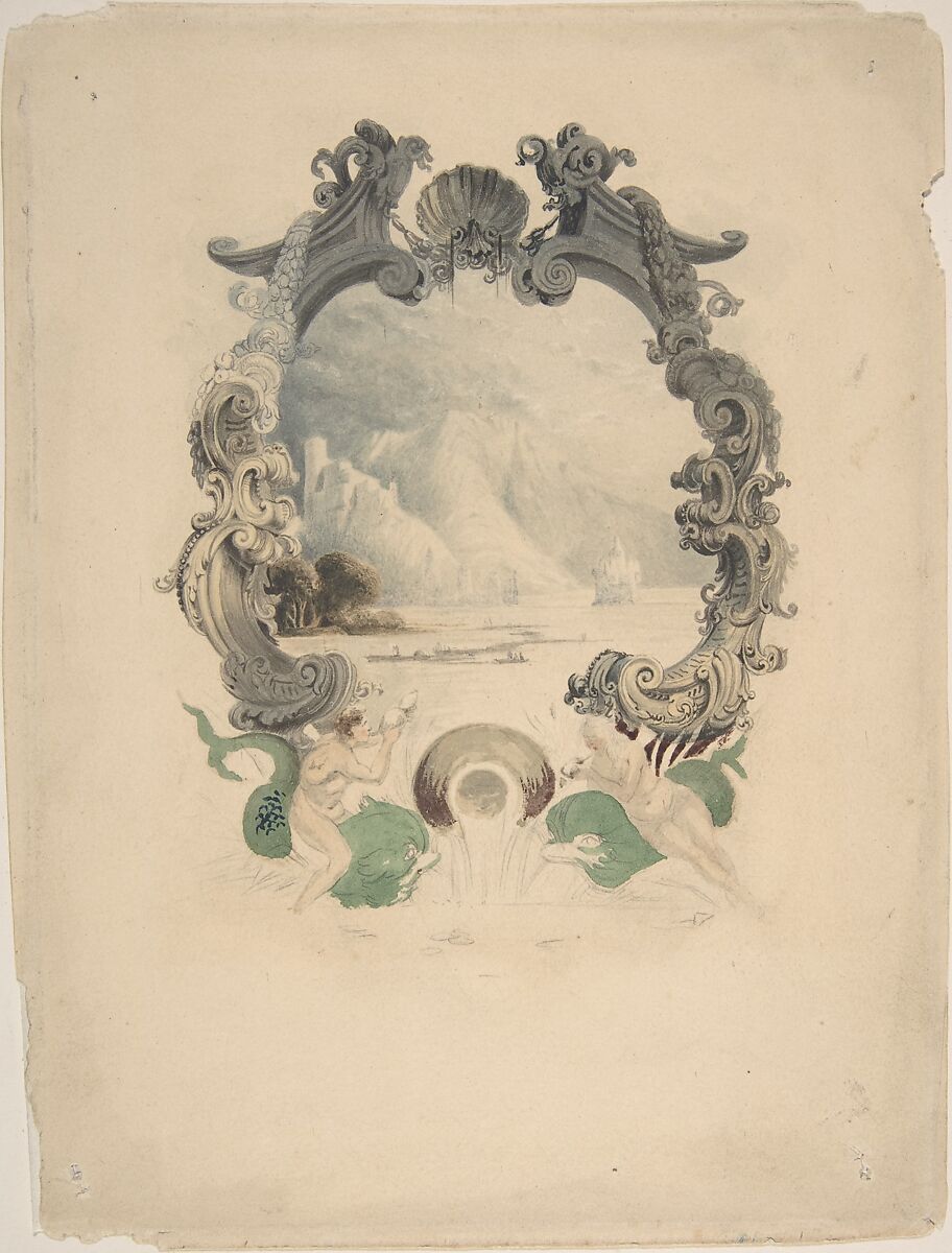 Ornamental marine cartouche, Attributed to Anonymous, French, 19th century, Graphite, pen and gray and black ink, brush and gray wash, watercolor 