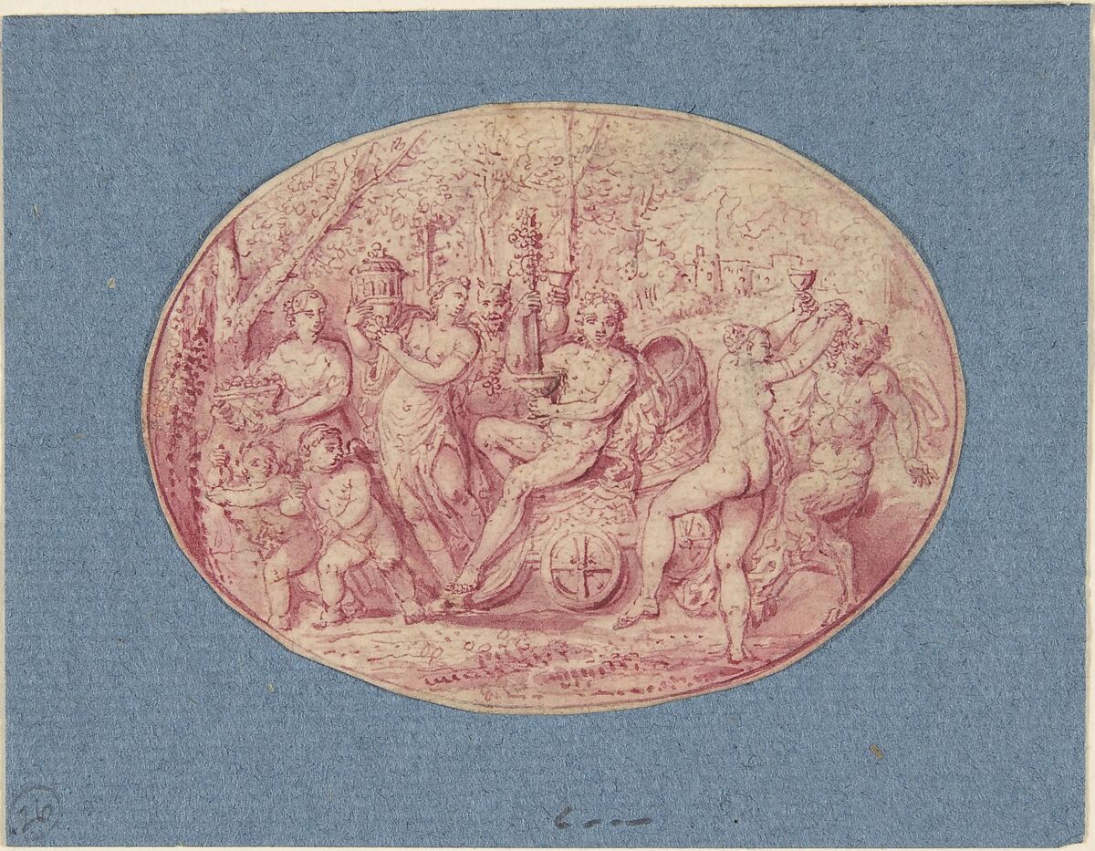 Ornamental design of Bacchanalia, Attributed to Anonymous, Dutch, 17th century, Pen and red ink, brush and red wash, oval. 