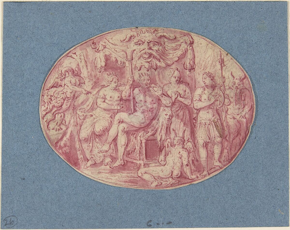 Ornamental design with Orpheus and Eurydice, Anonymous, Dutch, 17th century (c), Pen and red ink, brush and red wash, oval 