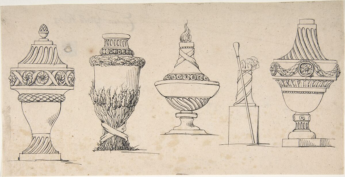 Studies for four urns with a walking stick and hat, Anonymous, German, 18th century (?), Pen and black ink, traces of black chalk 