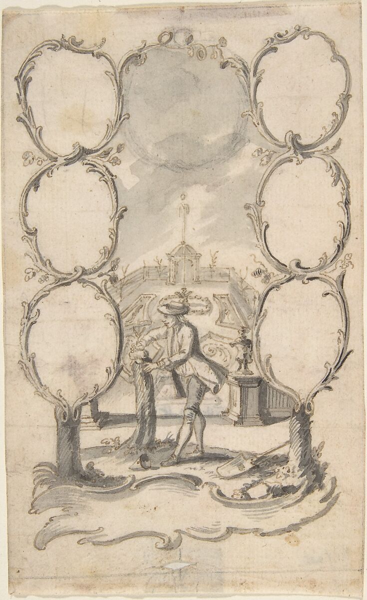 Ornamental family tree with man planting a tree and garden beyond, Attributed to Anonymous, German, 18th century, Pen and gray, black and brown ink, black chalk, brush and gray wash 