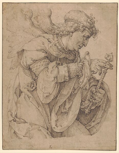 The Archangel Gabriel announcing the birth of Christ, Lucas van Leyden (Netherlandish, Leiden ca. 1494–1533 Leiden), Pen and brown ink; squared in black chalk; framing lines in pen and brown ink 