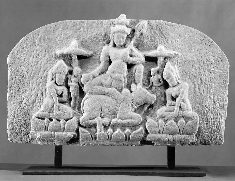 Shiva Seated on Nandi, Flanked by Consorts (Tympanum), Stone, Vietnam (Champa) 