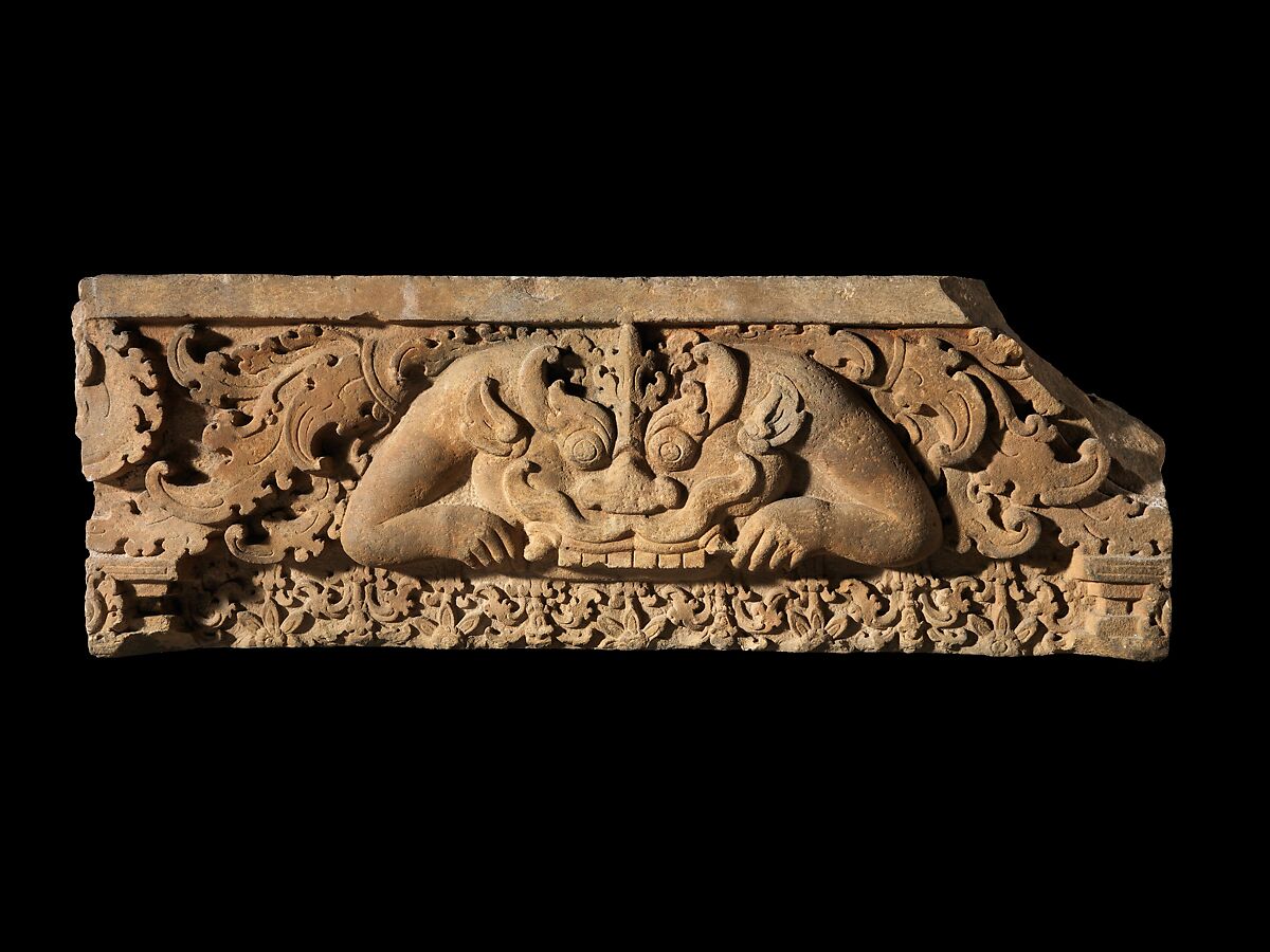 Lintel with Anthropomorphic Dragon in Foliage, Sandstone, Central Cambodia