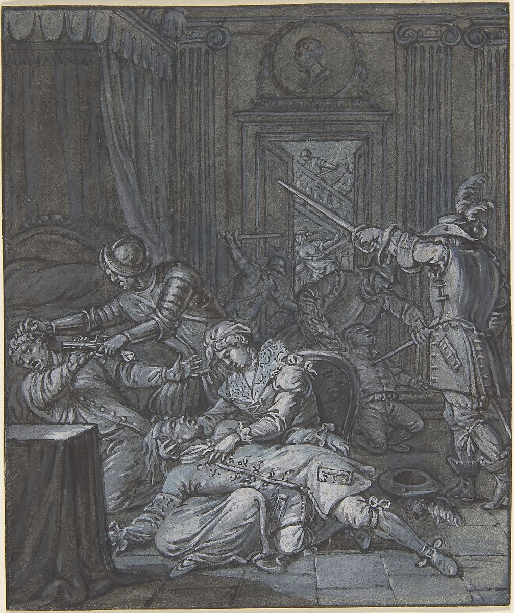 Interior scene with soldiers pillaging, Attributed to Anonymous, 17th century, Pen and black ink, watercolour, gouache 