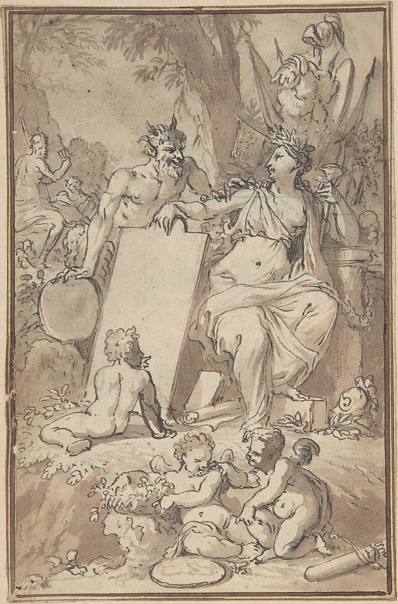 Design for Title-Page, Anonymous, German, 18th century (?), Pen and black ink, brush and brown wash, over black chalk; framing lines in pen and brown ink 