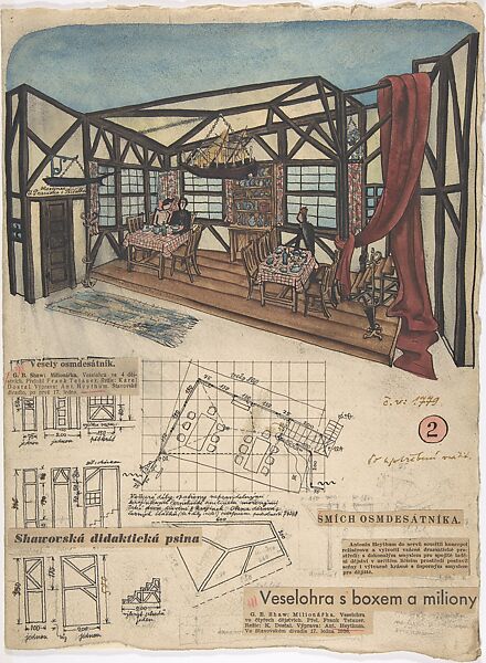Theatrical design for Inn Interior for G.B. Shaw's "Millionairess," Prague 1936, Antonín Heythum (Czech, 1901–1954), Pen and black ink, watercolor, and graphite, with collage elements of newspaper and annotations made in graphite, pen and black and green ink, and pink colored pencil. 