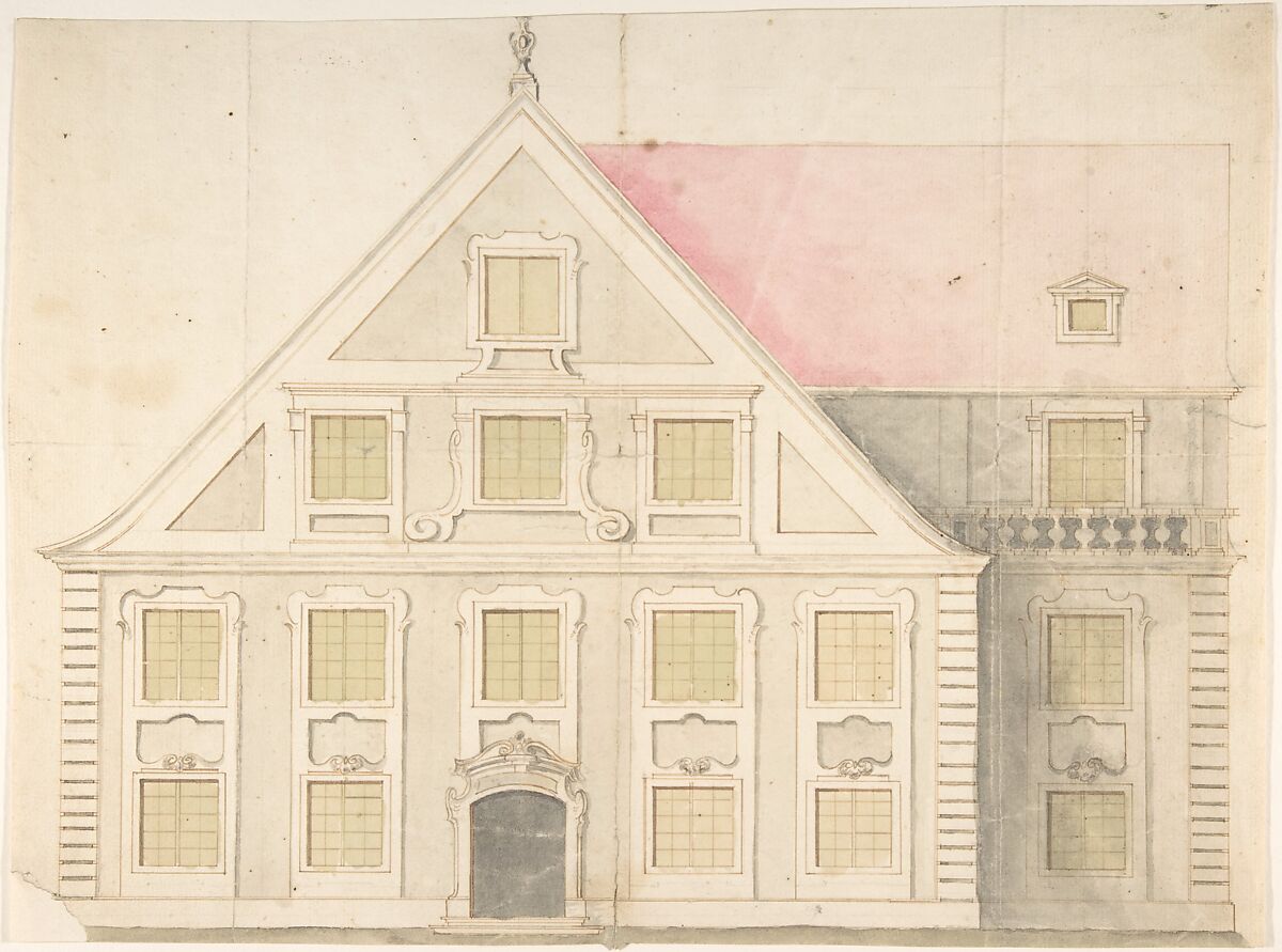 Design for a House Façade, Attributed to Anonymous, German, 18th century, Pen and brown ink, brush and gray wash, watercolor, cut-out lower edge 