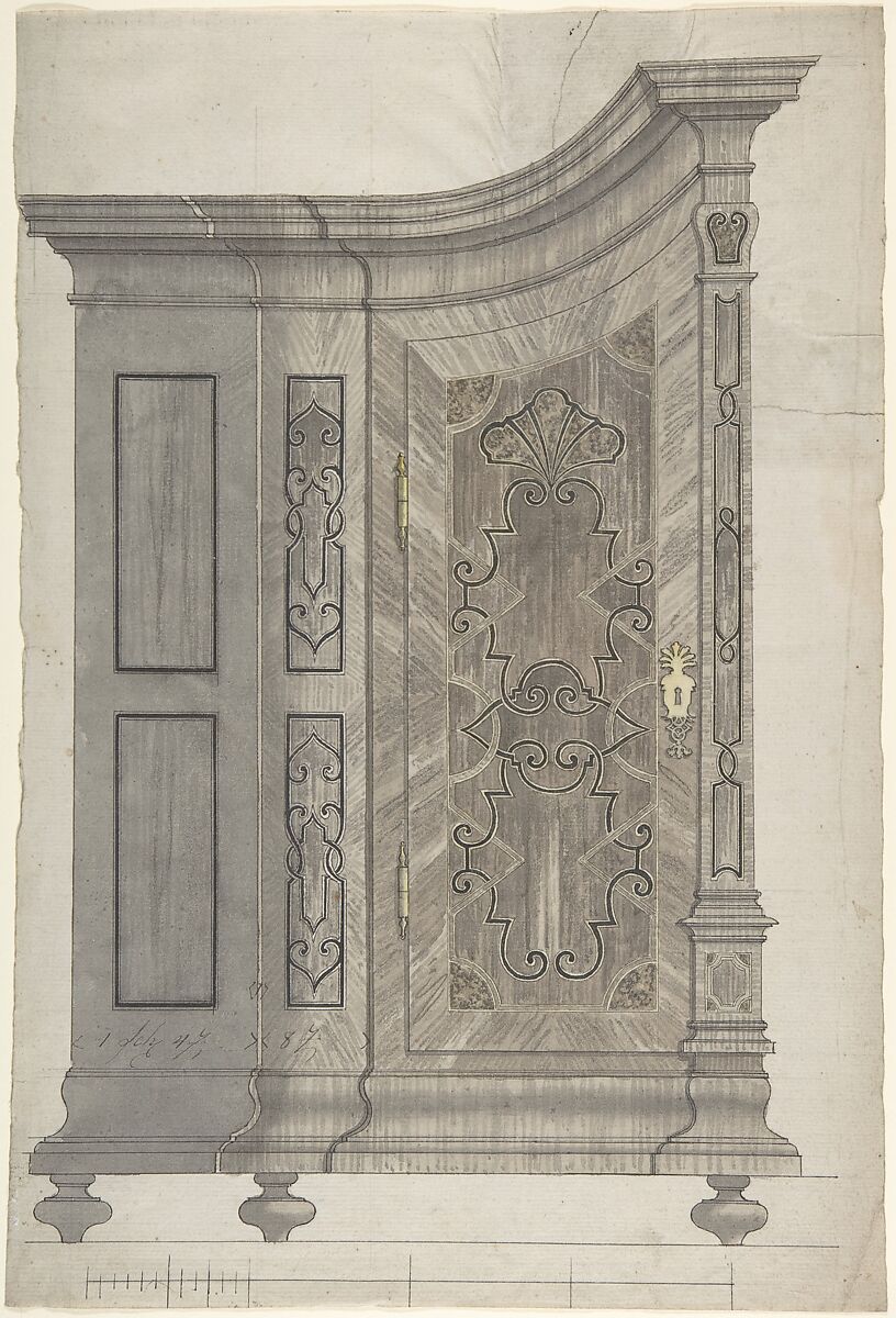Design for a Concave Corner Cabinet (Possibly Part of a Larger Wall-Covering Unit), Anonymous, German, 18th century, Pen and black ink, brush and gray and brown wash, watercolor, traces of ruled graphite lines 