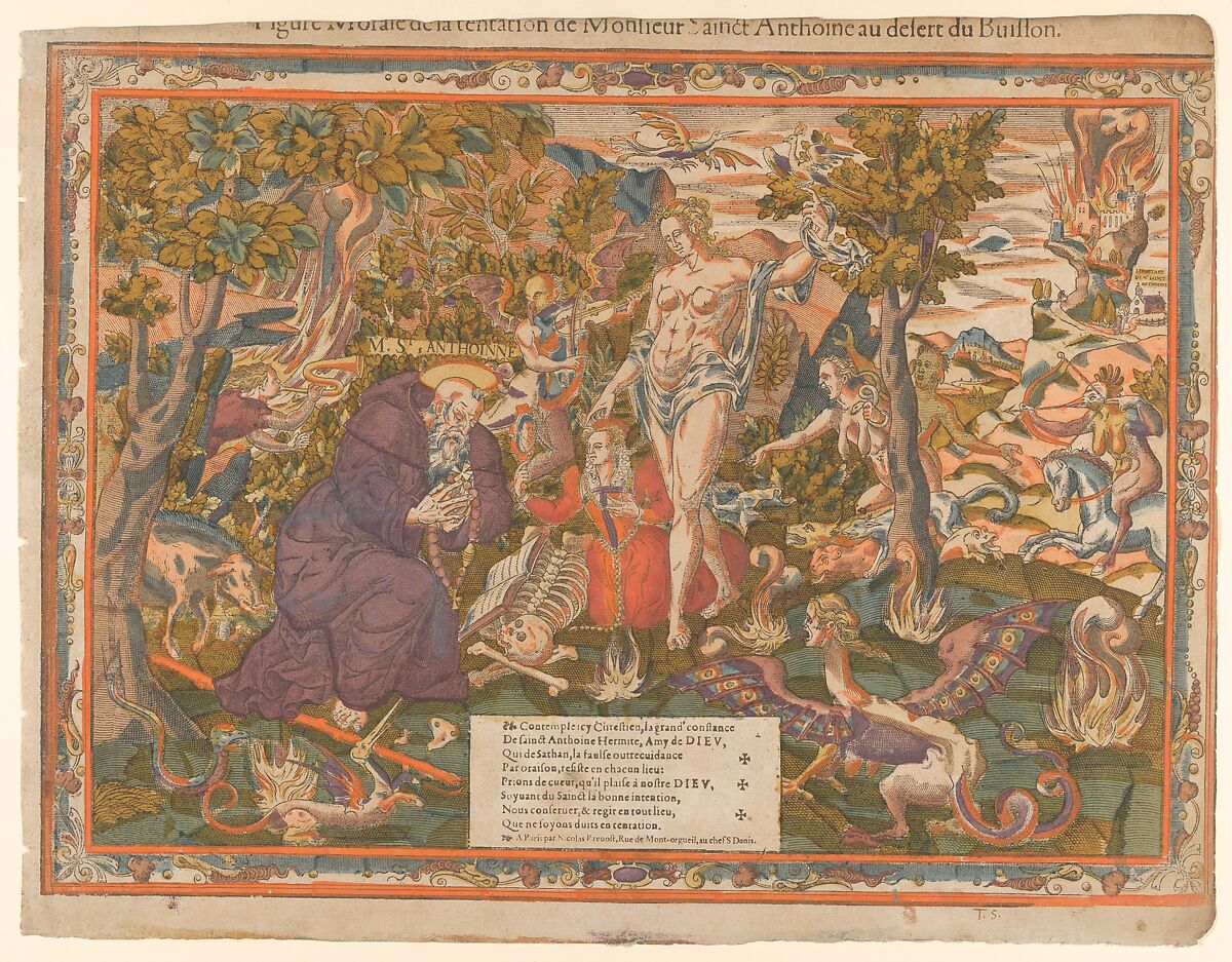 The Temptation of St. Anthony, Anonymous, French, 16th century, Woodcut with hand coloring 