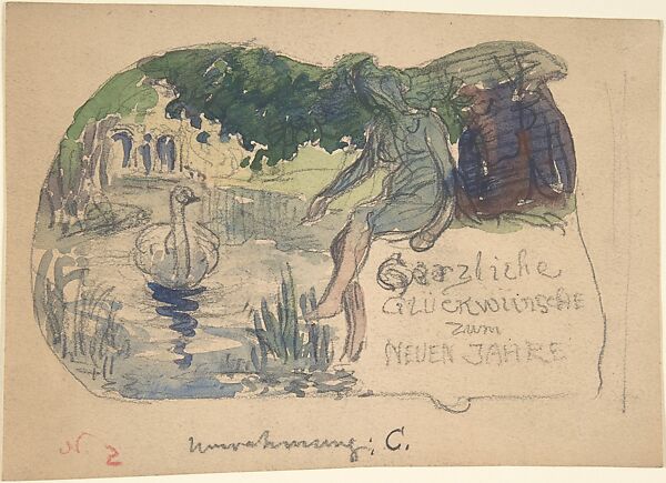 Design for New Year's Eve Card with a girl and a swan, Attributed to Anonymous, German, 20th century, Graphite and watercolor on brown paper. 