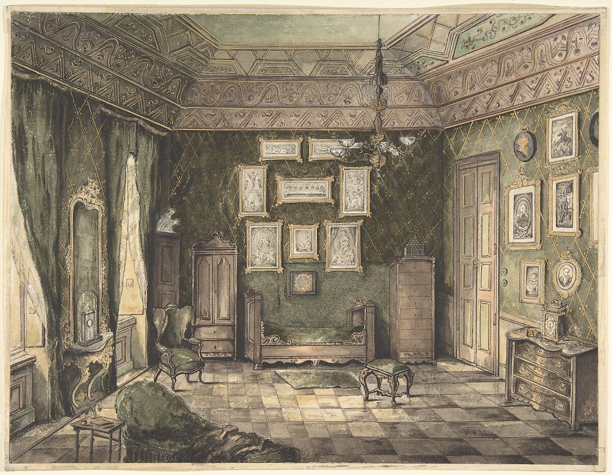 Design for Interior, Attributed to Anonymous, German, 19th century, Pen and black ink, watercolor, with traces of graphite 