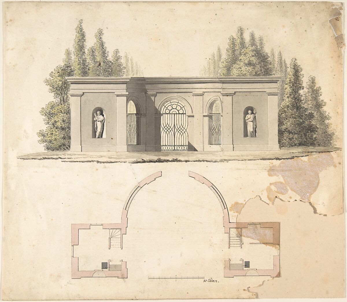 Elevation Design for Pavillion, Attributed to Anonymous, German, 19th century, Pen and black ink, watercolor, traces of graphite 