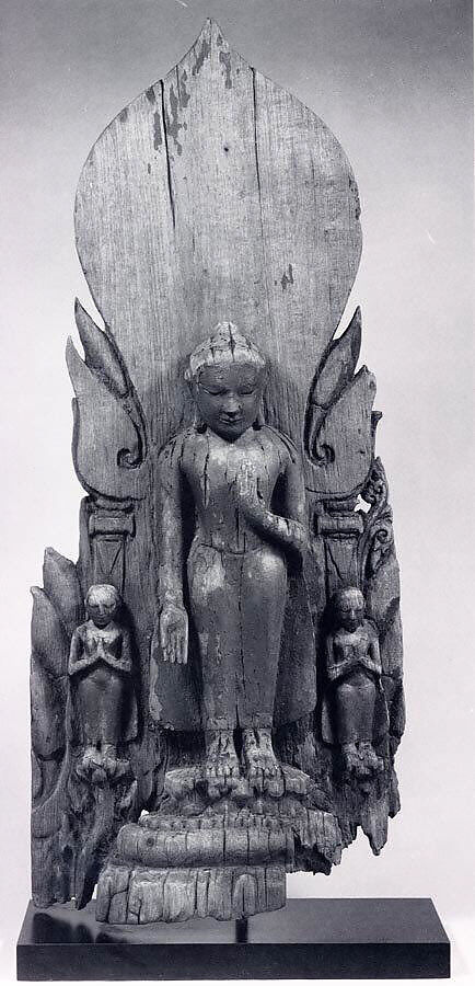 Standing Buddha Flanked by Disciples, Wood with lacquer, Burma 