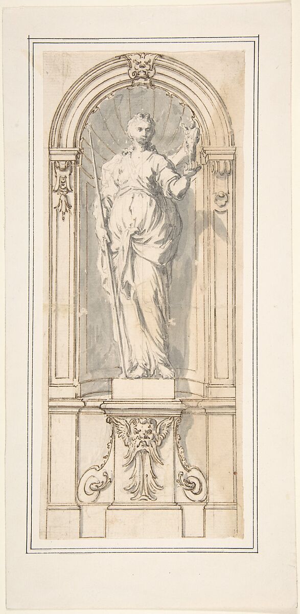 Classical Niche with Figure of a Woman, Anonymous, 18th century, Pen and brown ink, brush and brown and gray wash, traces of black chalk, mounted 