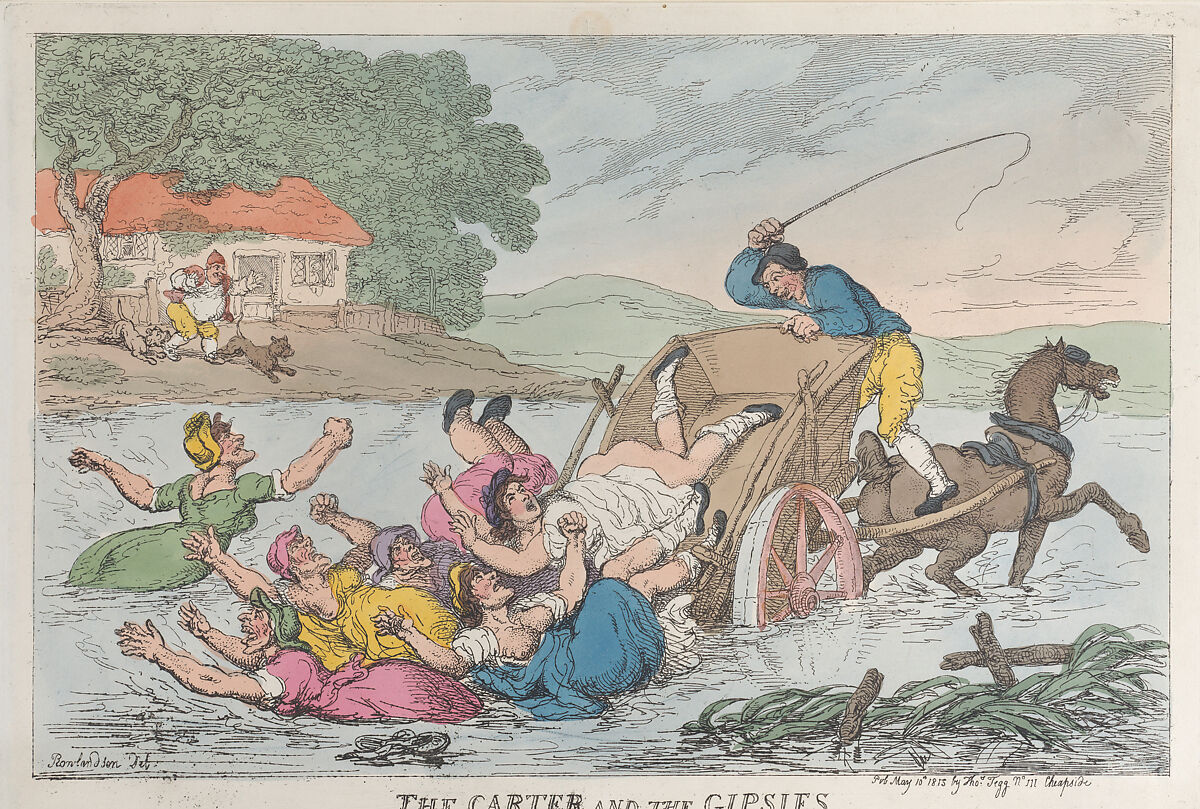 The Carter and the Gipsies, Thomas Rowlandson (British, London 1757–1827 London), Hand-colored etching