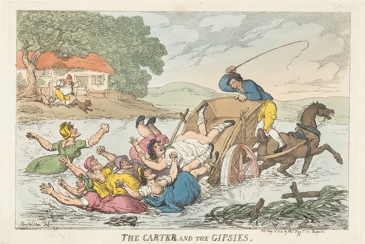 The Carter and the Gipsies, Thomas Rowlandson (British, London 1757–1827 London), Hand-colored etching 