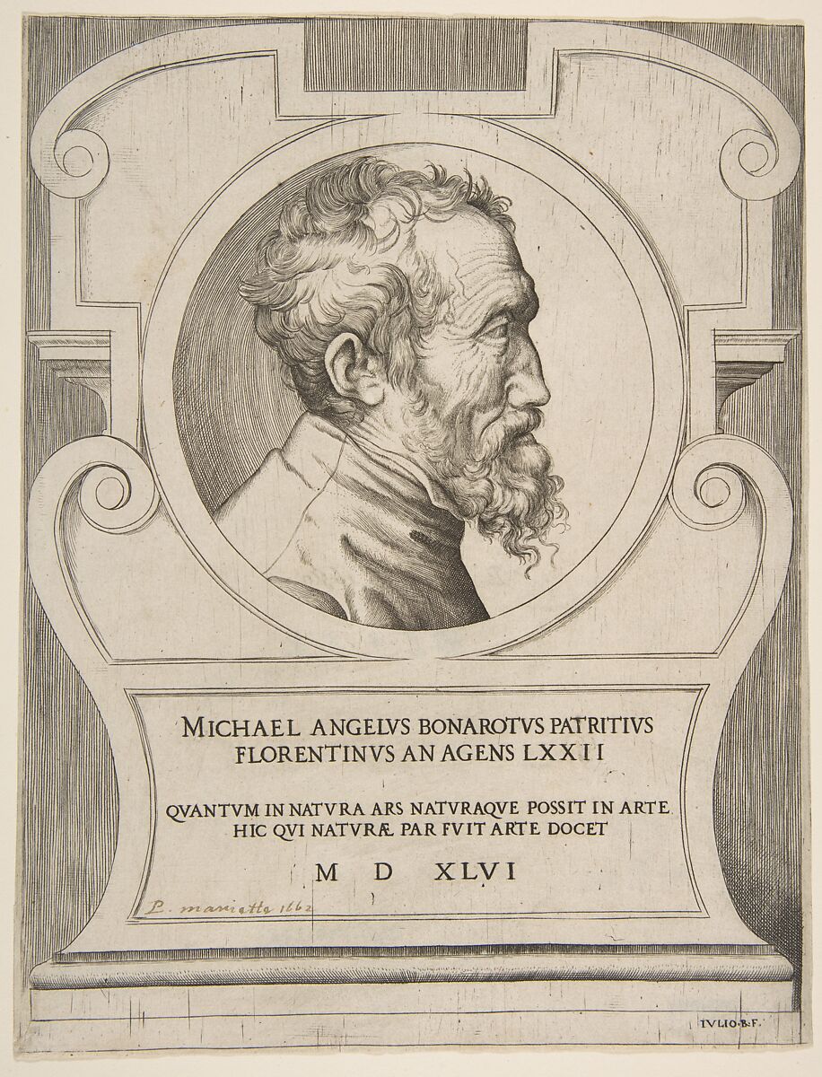 Bust portrait of Michelangelo facing right, set within a cartouche, Giulio Bonasone (Italian, active Rome and Bologna, 1531–after 1576), Engraving 