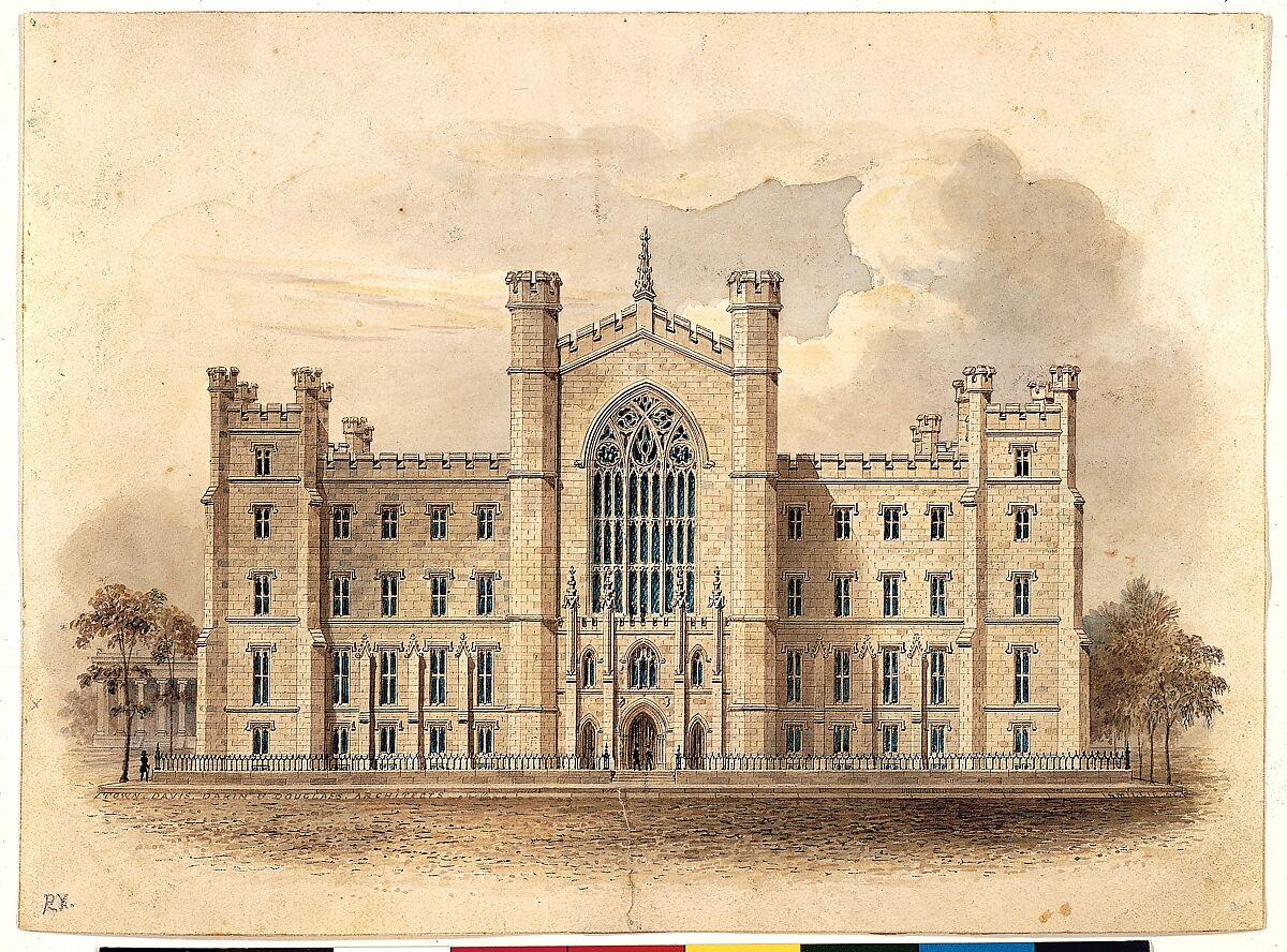 University of the City of New York, Washington Square (facade of main building), Alexander Jackson Davis (American, New York 1803–1892 West Orange, New Jersey), Watercolor and pen and brown ink 