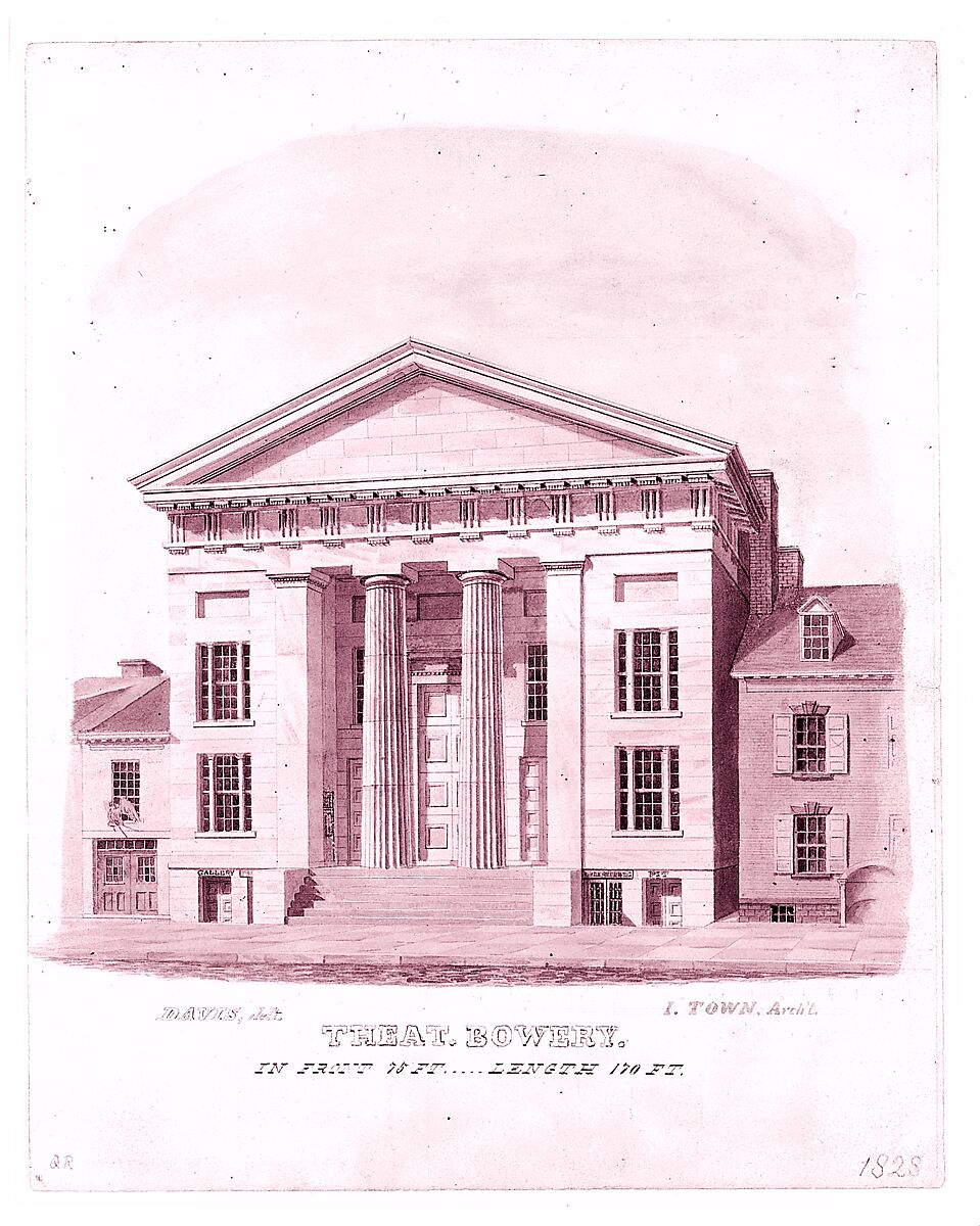 New Bowery Theatre, Elizabeth Street Facade, New York, Alexander Jackson Davis (American, New York 1803–1892 West Orange, New Jersey), Watercolor, pen and black ink over graphite 