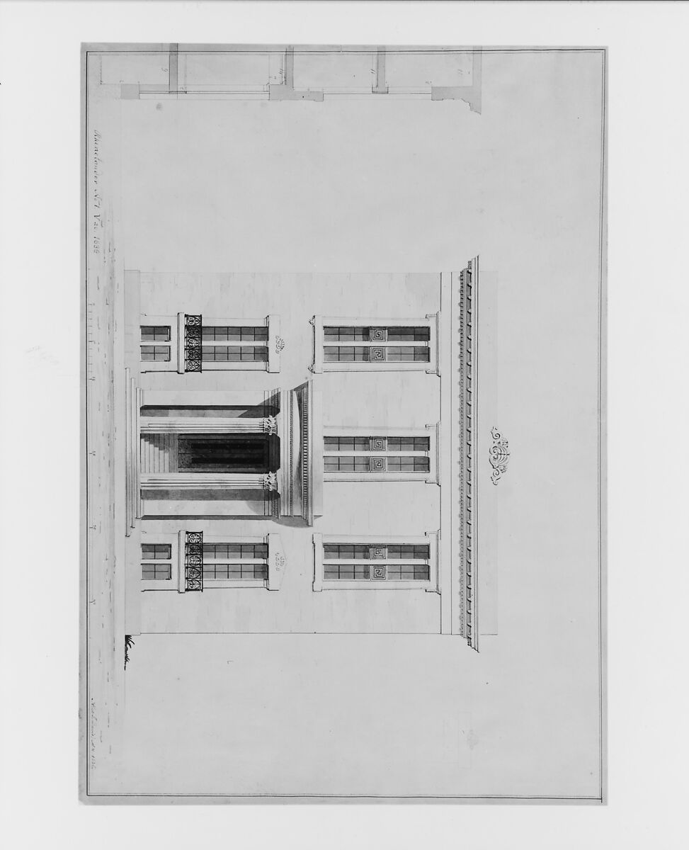 House for William C. Rhinelander, No. 1 Fifth Avenue, New York (front elevation and partial section, project), Alexander Jackson Davis (American, New York 1803–1892 West Orange, New Jersey), Watercolor, pen and black ink over graphite 