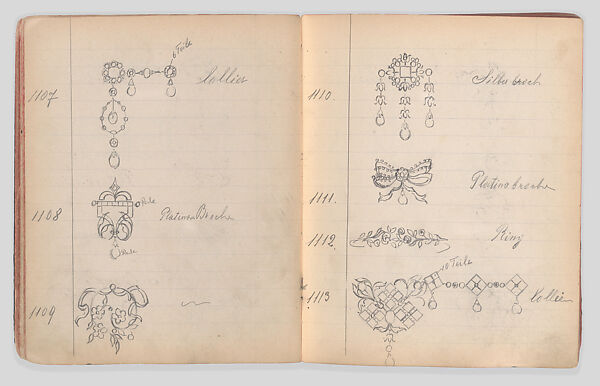 Album of designs for jewelry, gold and figurines, Designed by Rosenau &amp; Co. (German, 1861–ca.1933), Graphite, pen and black ink, pen and blue ink 