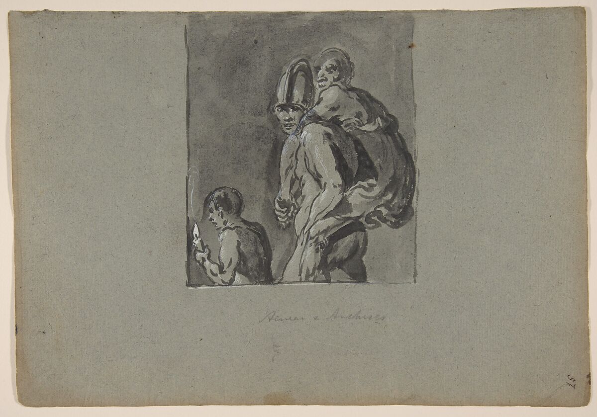 Aeneas and Anchises, Leonaert Bramer (Dutch, Delft 1596–1674 Delft), Brush and gray ink, heightened with white bodycolor. Framing line in brush and gray ink with white bodycolor 