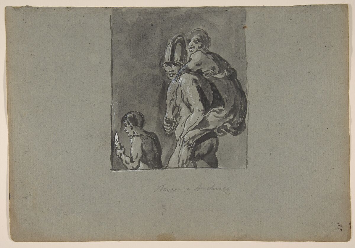 Aeneas and Anchises, Leonaert Bramer (Dutch, Delft 1596–1674 Delft), Brush and gray wash, heightened with white bodycolor; framing lines in brush and gray wash with white bodycolor 