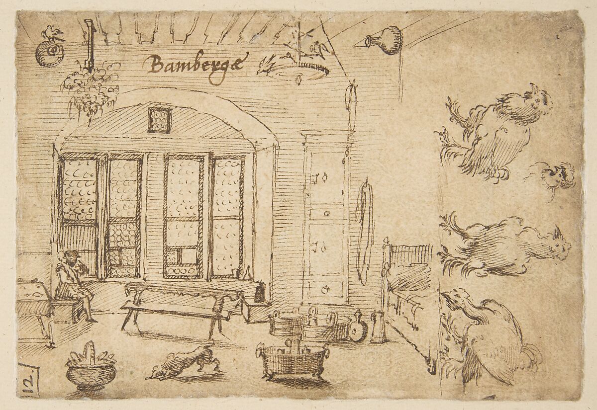 Study sheets with sketches of interiors, animals, sculpture, figures, notes, Anonymous, German, 16th century  , Bamberg (?), Pen and brown ink